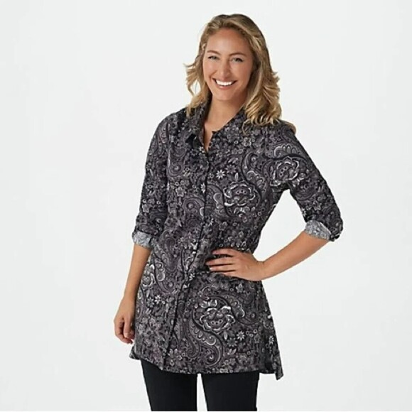 Isaac Mizrahi Printed Poplin Button Front Tunic Black 6  NEW A387743 - Picture 1 of 5